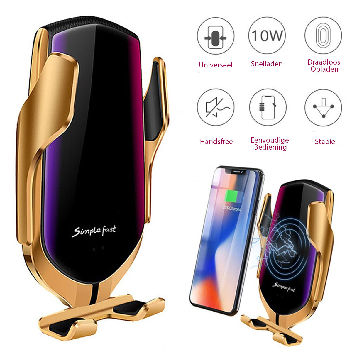 Automatische Smartphonehouder voor Auto met Draadloze Oplaadmodule Ventilatierooster 360° Zwenkbaar Zilver Goud | Sulvida