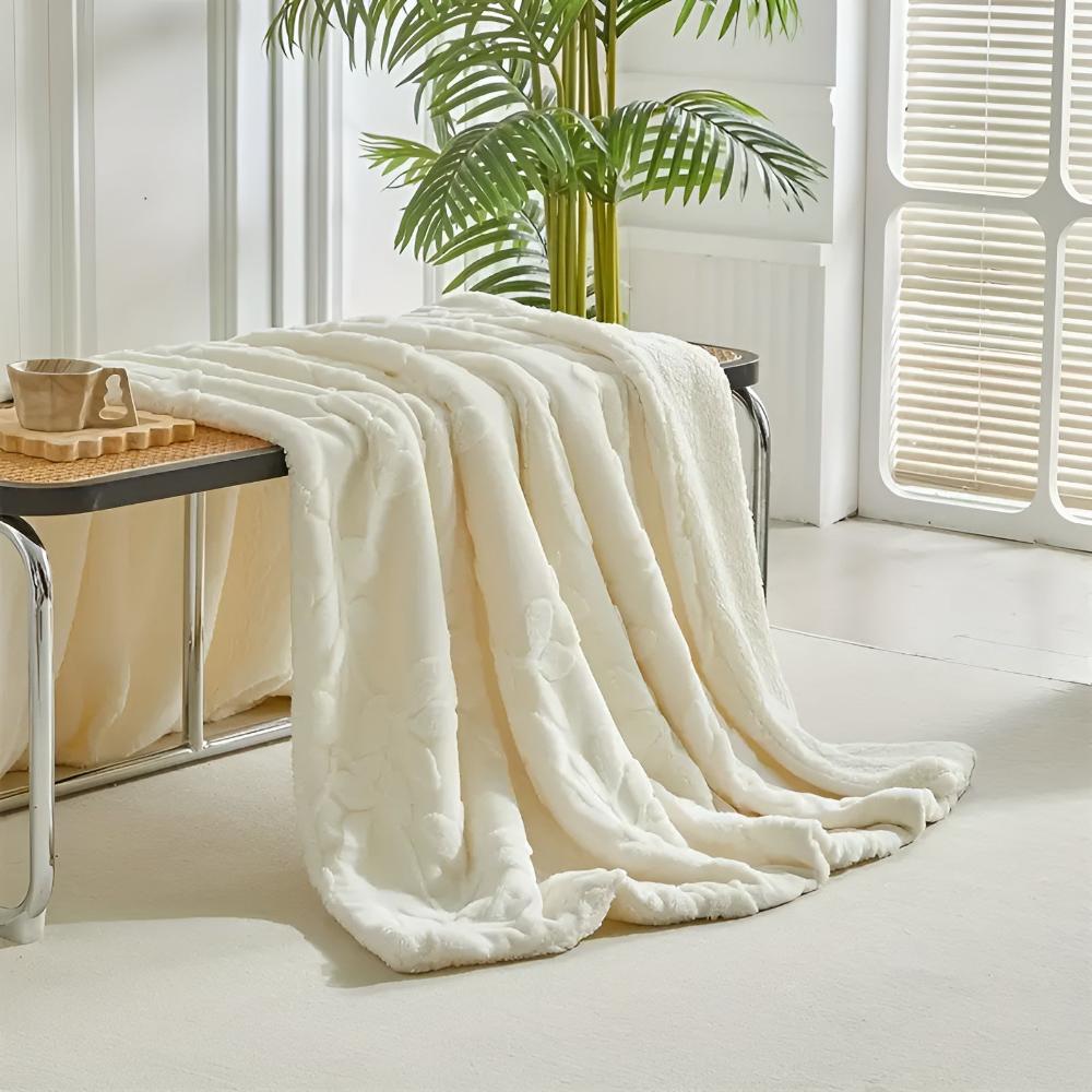 Dubbelzijdige Plaid met Jacquard Bladmotief - Sherpa Fleece & Tafzijde - Luxe Warme Deken in 3 Kleuren | Sulvida