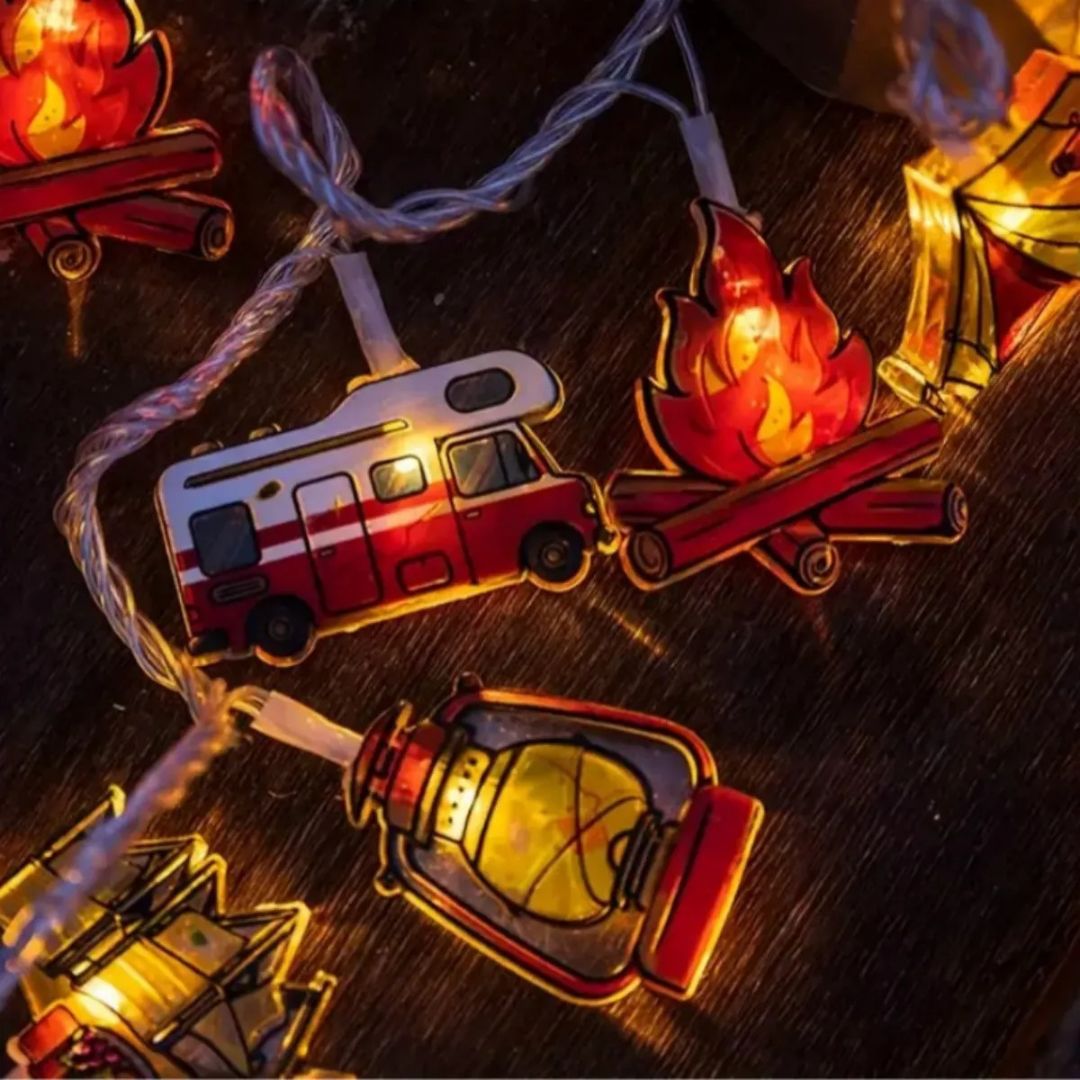 Campinglichtslinger met Tentmotieven Warm Wit LED op Batterijen 1,5m 3m 6m Sfeerlicht Outdoor Decoratie | Sulvida
