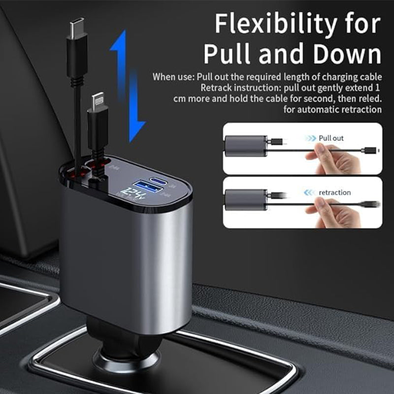 Chargeur de voiture 4-en-1 avec câble rétractable Type-C Lightning, charge rapide, 80cm, universel 12-24V | Sulvida