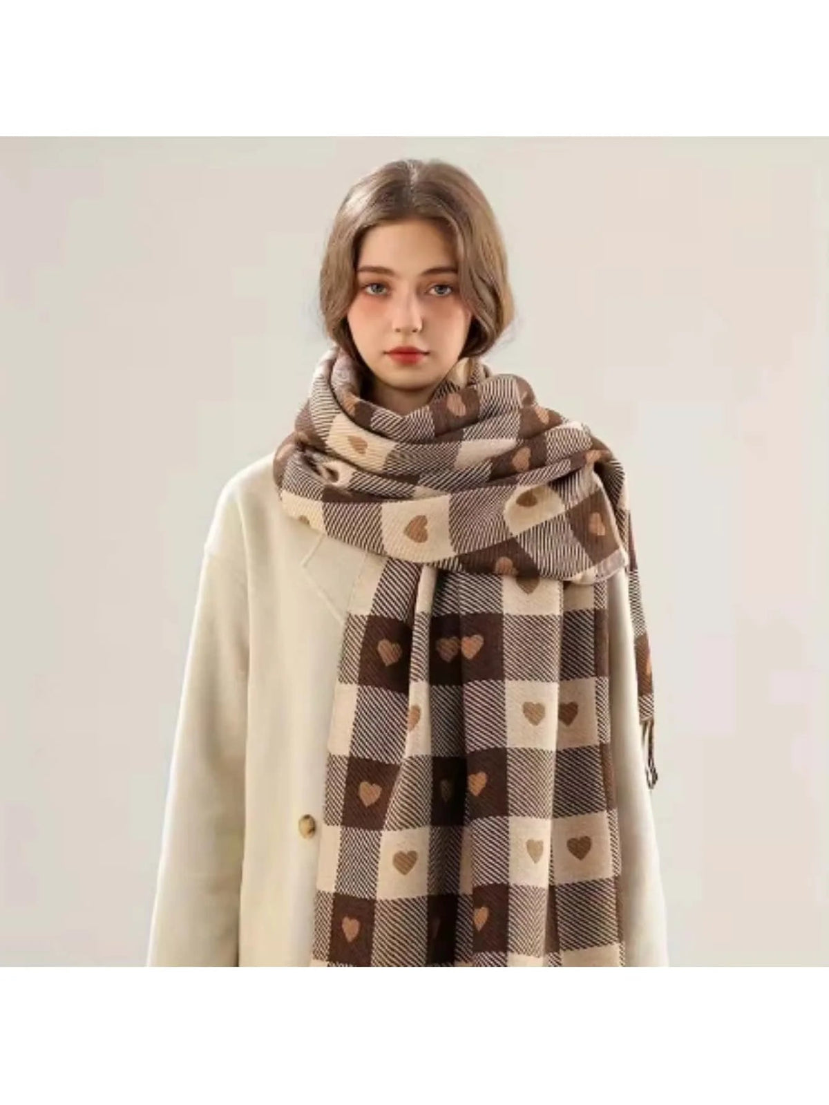 Geruit Wintersjaal Roze Bruin Blauw Hart Checkered Patroon Shawl Omslagdoek Dames Mode Accessoire Warm | Sulvida