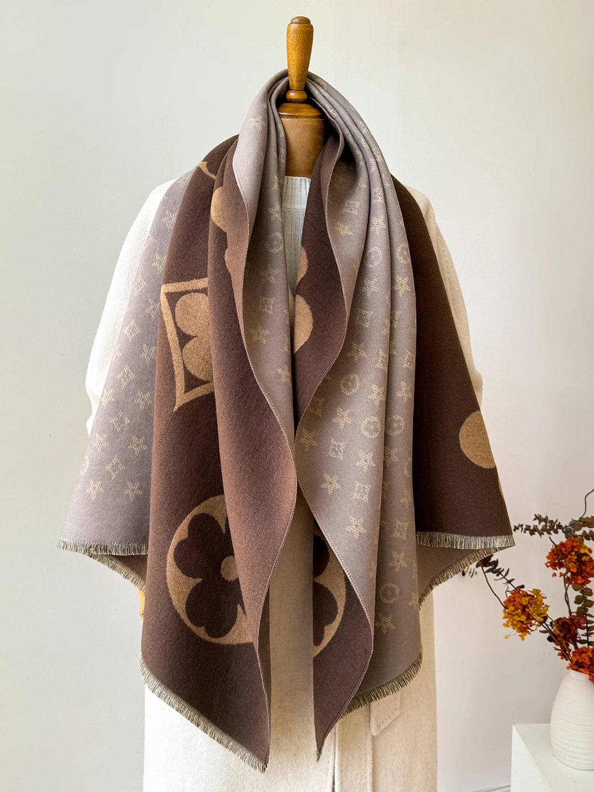 Sjaal Imitatie-Kasjmier Winter Heren Dames Jacquard Patroon Kaki Kameel Koffie 175 cm Warme Halsdoek Wintersjaal | Sulvida