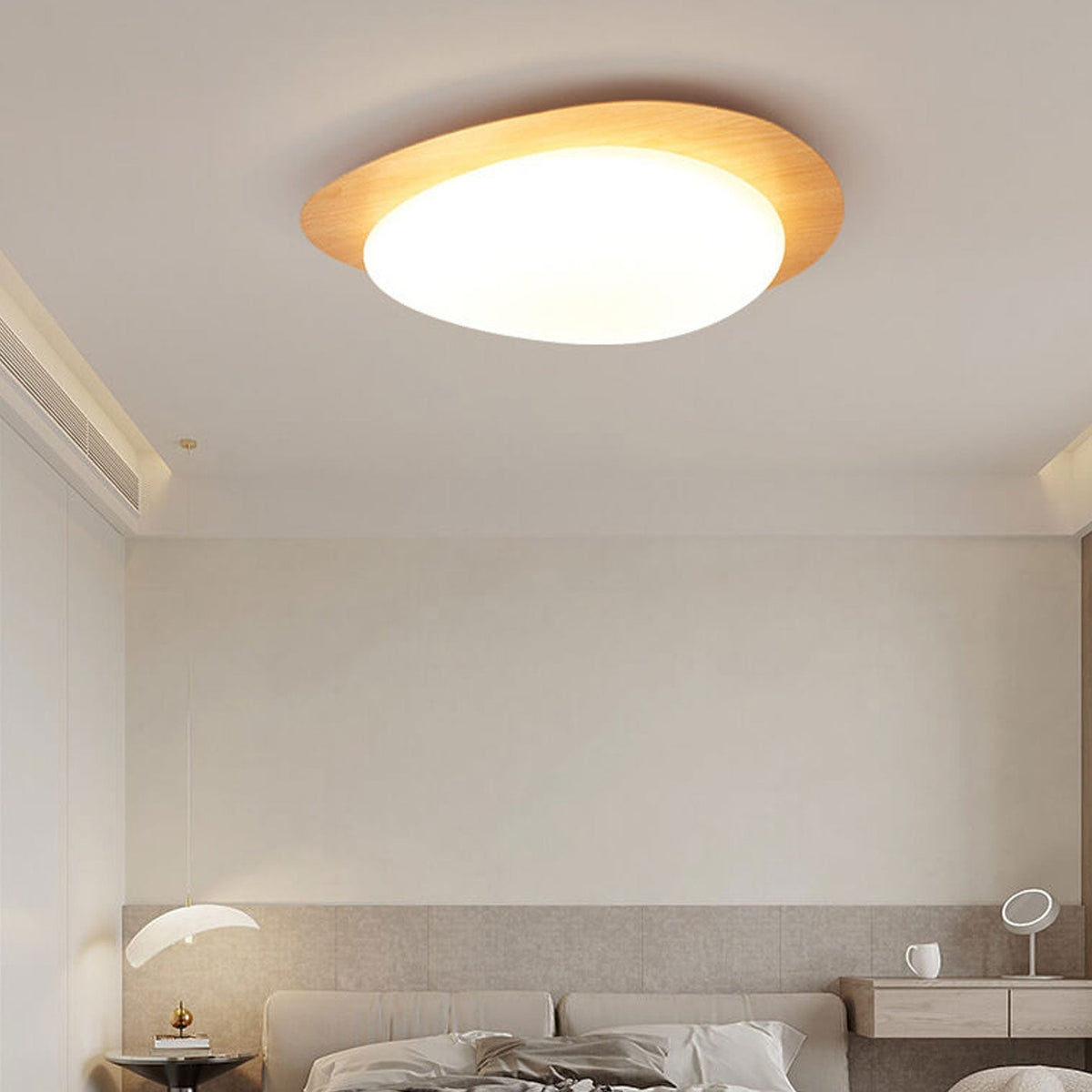 LED plafondlamp met houtafwerking ovaal Scandinavisch design dimbaar warm neutraal koel licht woonkamer | Sulvida