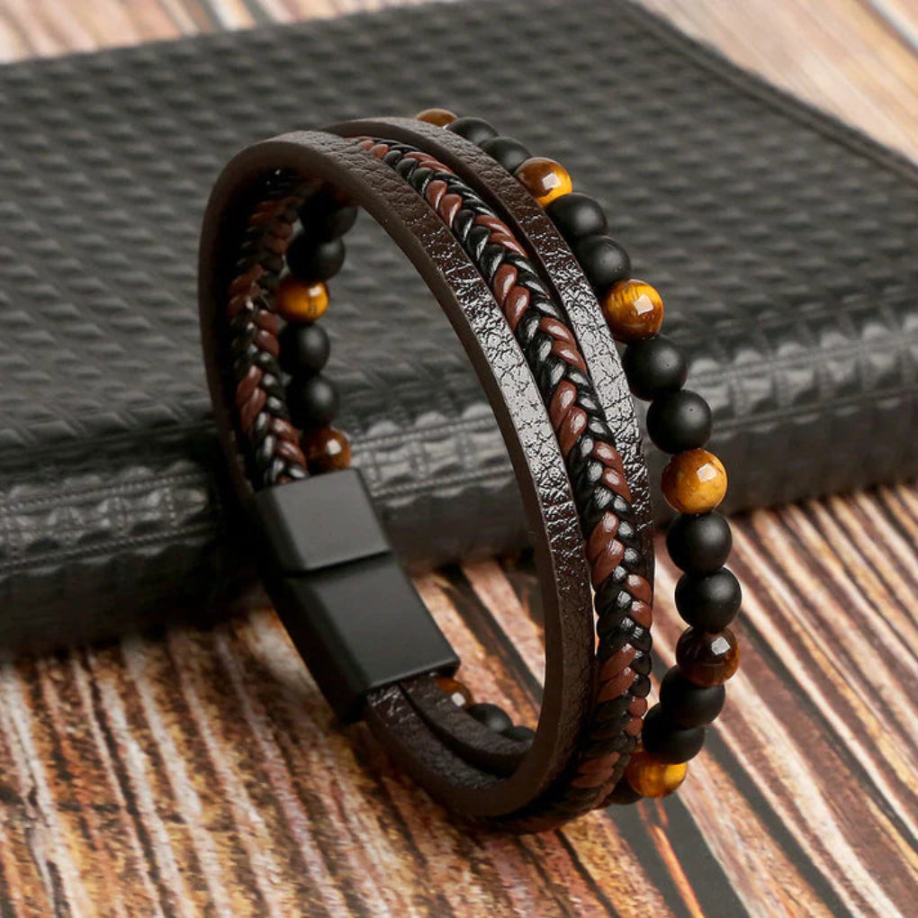 Leren armband met natuursteen kralen heren magnetische sluiting meerlaags gevlochten polsband zwart bruin | Sulvida