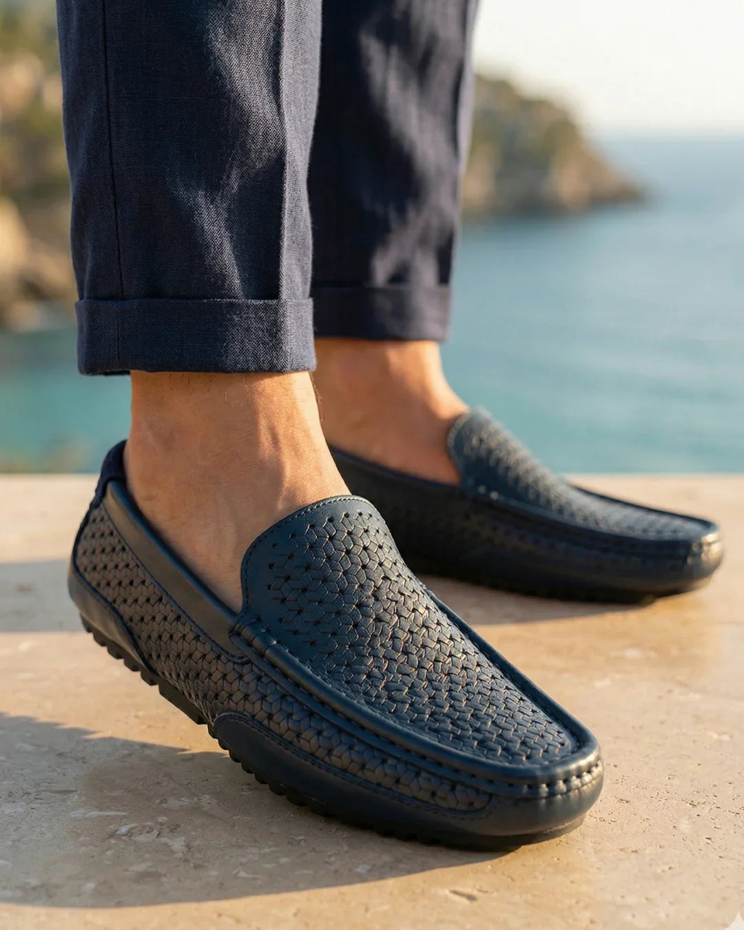 Gevlochten Leren Loafer Heren Handgemaakt Instappers Cognac Navy Zwart Flexibele Zool Casual Zomerschoenen | Sulvida
