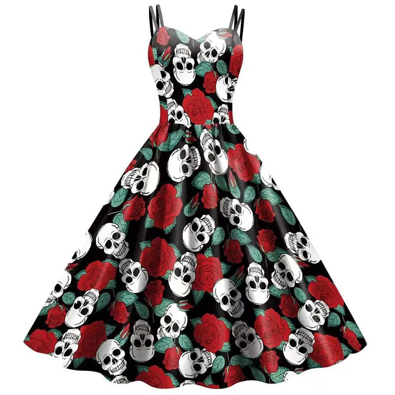 Gothic jurk met skeletten en rozen print zwart rood A-lijn feestjurk vintage stijl dames knie lang retro | Sulvida