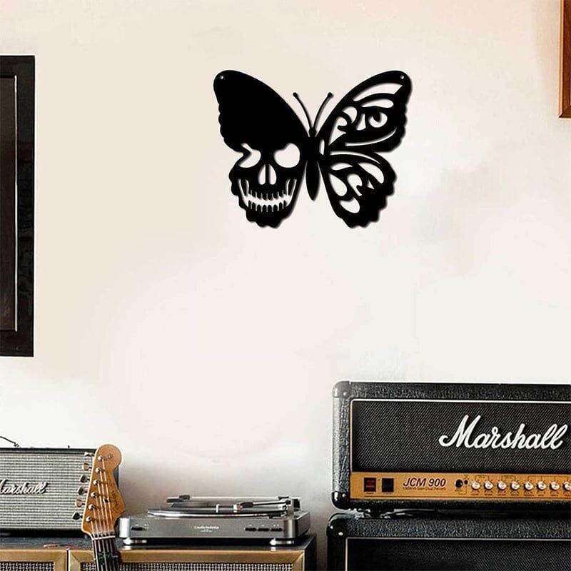 Metalen Vlinder Schedel Wanddecoratie Gothic Design Kunstwerk Interieur Woonkamer Kantoor Zwart Muurdecoratie | Sulvida