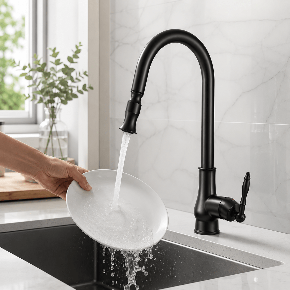 Uittrekbare keukenkraan massief messing met flexibele handdouche voor spoelen vullen reinigen keuken | Sulvida