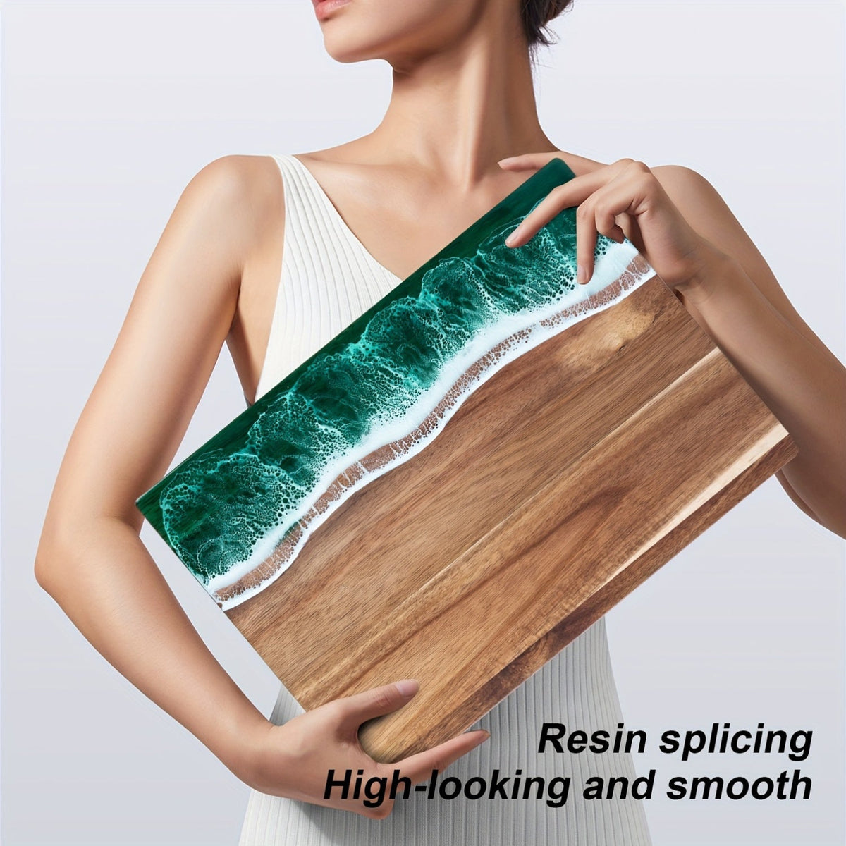Serveerplank Acacia met Harsinlay Oceaangolven Blauw Groen Roze Rechthoekig 46×23 cm Kaasplank Snijplank Hout | Sulvida