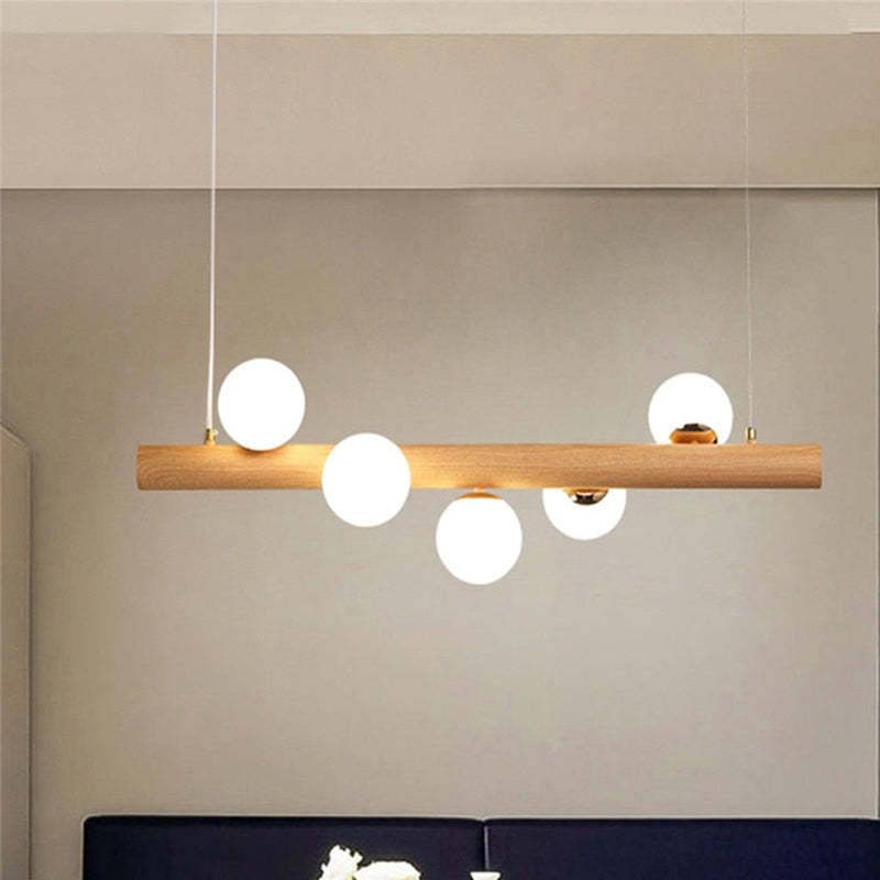 Glazen Hanglamp met Houten Ring Notenbruin Messing Eethoek Woonkamer Slaapkamer Sfeerverlichting Design | Sulvida