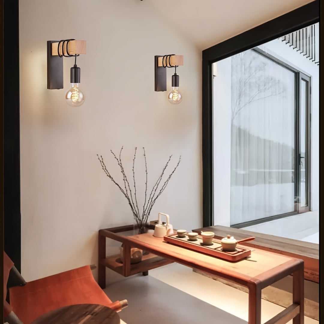 Wandlamp industrieel met hout metaal zwart wit E27 fitting slaapkamer woonkamer hal stijlvol verlichting | Sulvida