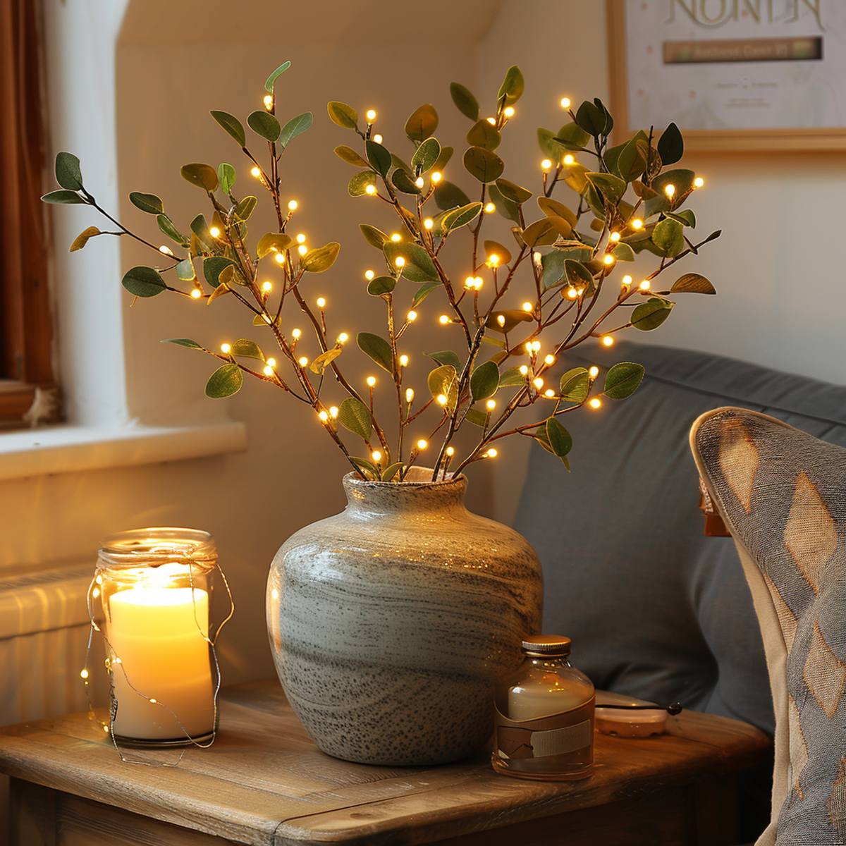 LED-Lichtslinger Olijftak 70 cm 120 Warm Witte Lampjes Kerstboom Vaas Decoratieve Verlichting op Batterijen | Sulvida