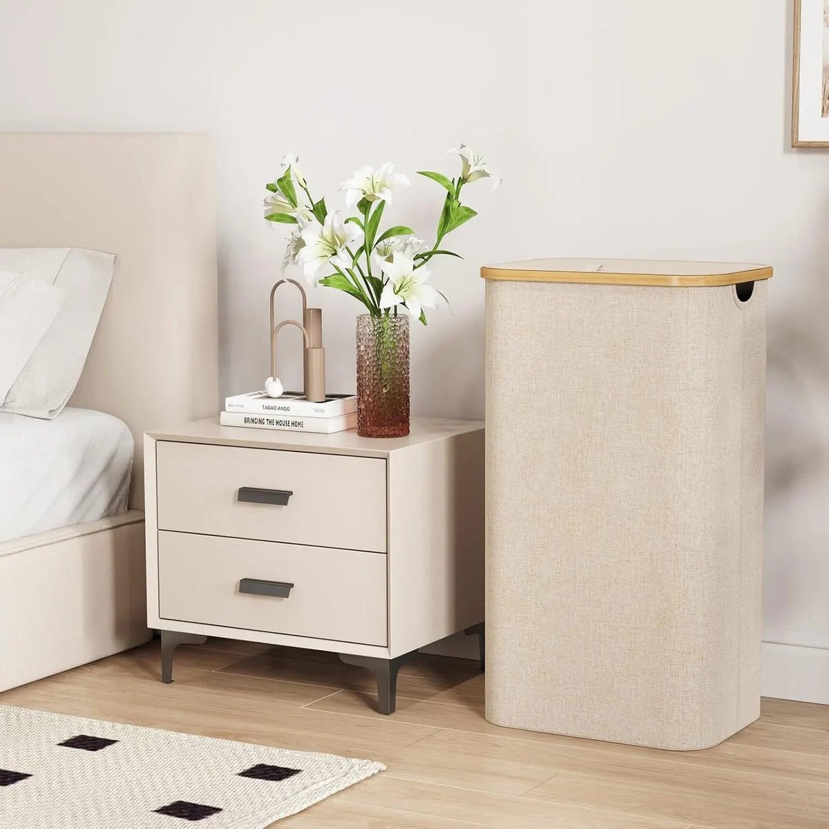 Wasmand 100L met deksel grijs bamboe handvatten afneembare binnenzak opbergmand wasgoed badkamer slaapkamer | Sulvida