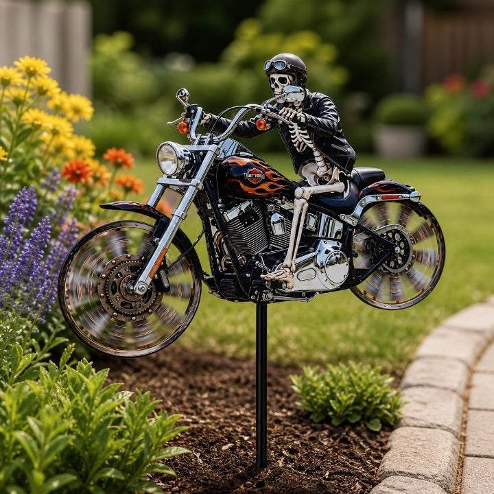 Decoratief tuinwindrad met motorrijder voor buitengebruik bewegend acryl tuin- en terrasornament decoratie | Sulvida