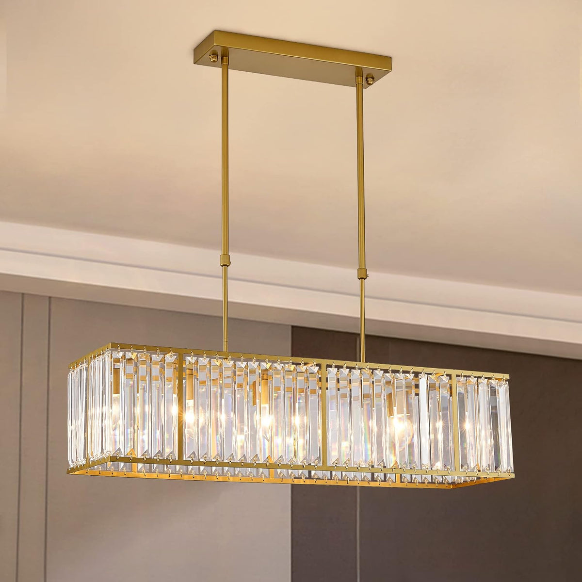 Kristallen Kroonluchter Rechthoekig met E14 Fitting Zwart Goud Eetkamer Keukeneiland Hanglamp Modern | Sulvida