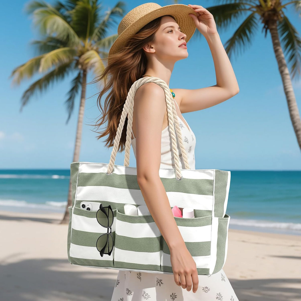 Strandtas XXL Canvas met Rits Waterdichte Coating Ruime Schoudertas voor Familie-uitjes Strand Zwembad Vakantie | Sulvida