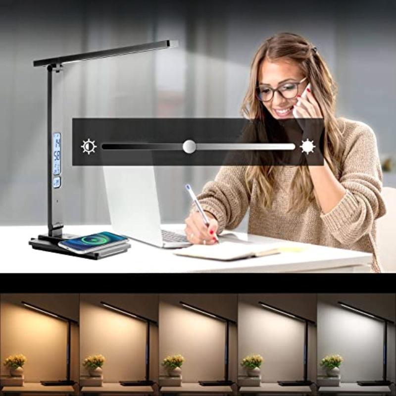 Bureau LED-lamp met draadloze oplader en USB-poort zwart voor thuiswerken kantoor studeerkamer en werkplek | Sulvida