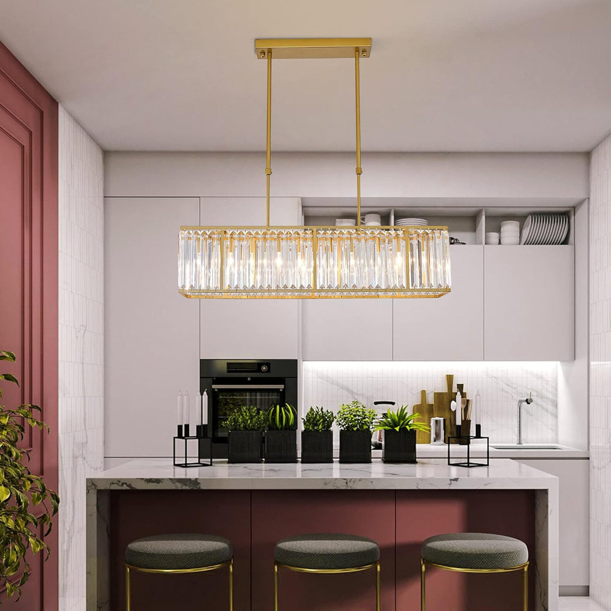 Kristallen Kroonluchter Rechthoekig met E14 Fitting Zwart Goud Eetkamer Keukeneiland Hanglamp Modern | Sulvida