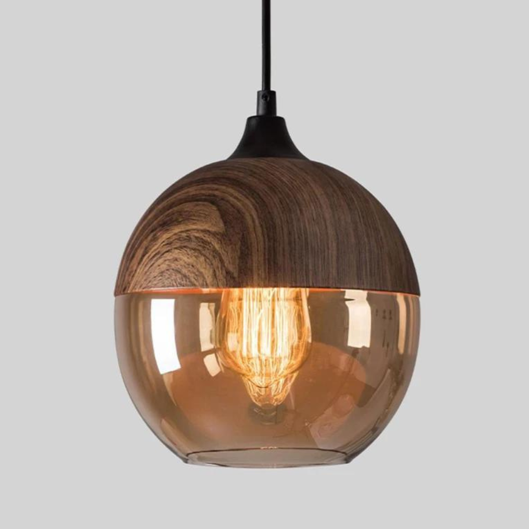 Scandinavische Hanglamp met Glazen Kap en Houtlook Armatuur – Dimbare Verlichting voor Eetkamer Woonkamer Slaapkamer – Verstelbare Hoogte en Warme Lichtverspreiding – Tijdloos Design | Sulvida