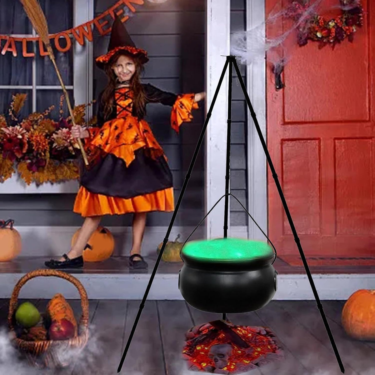 Grote Heksenketel met Driepoot Halloween Decoratie Verlicht Snoepschaal Tuindecoratie 130 cm Feestdecoratie | Sulvida