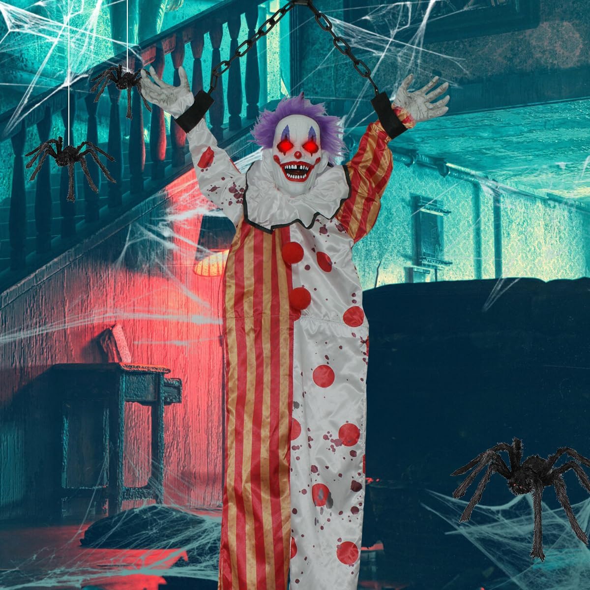 Hangende Spookclown met Geluidsactivatie Lichteffecten Halloween Decoratie Feest Horror Accessoire Interieur | Sulvida