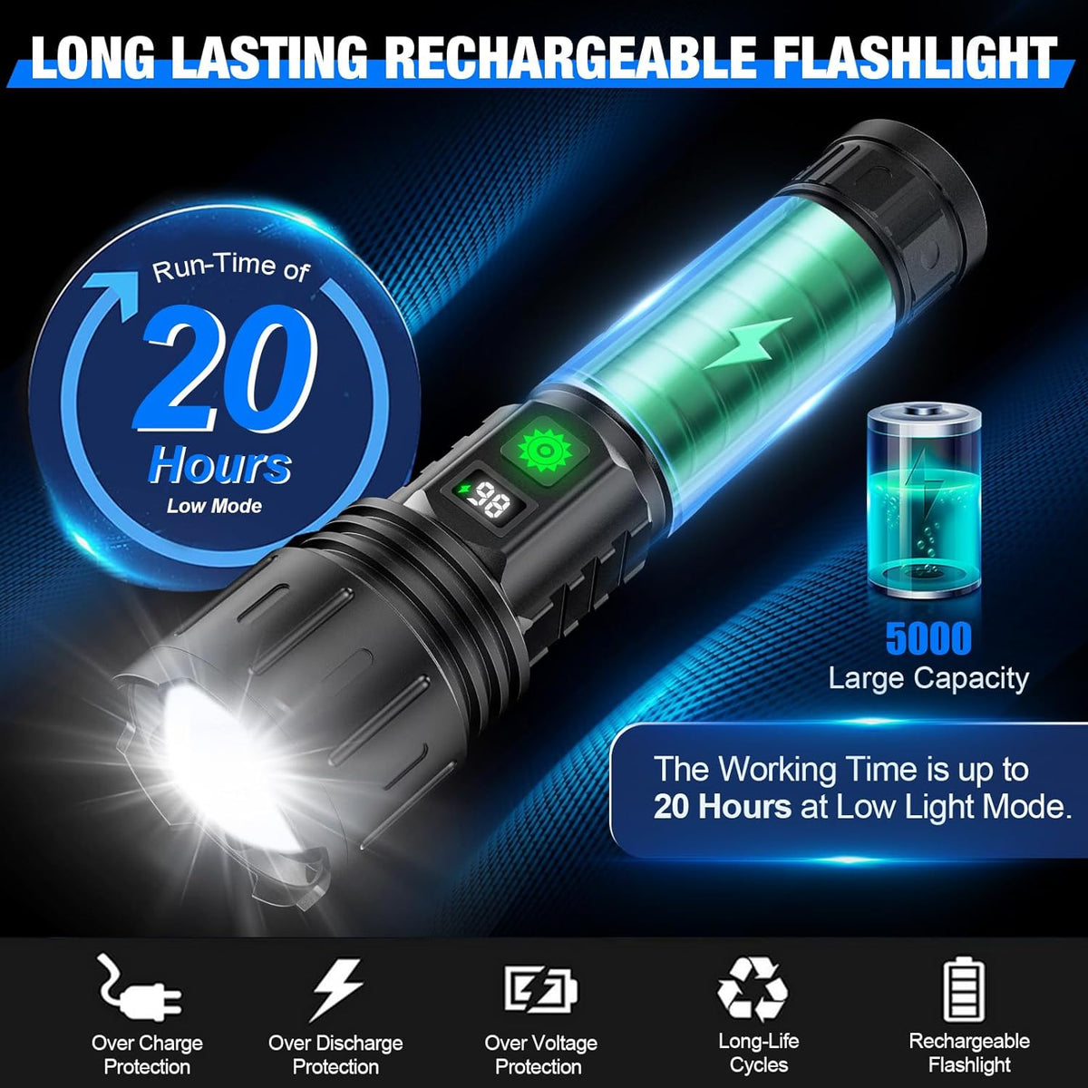 Tactische LED-zaklamp 100.000 lumen oplaadbaar USB-C 1000 meter bereik waterdicht voor kamperen tuin | Sulvida