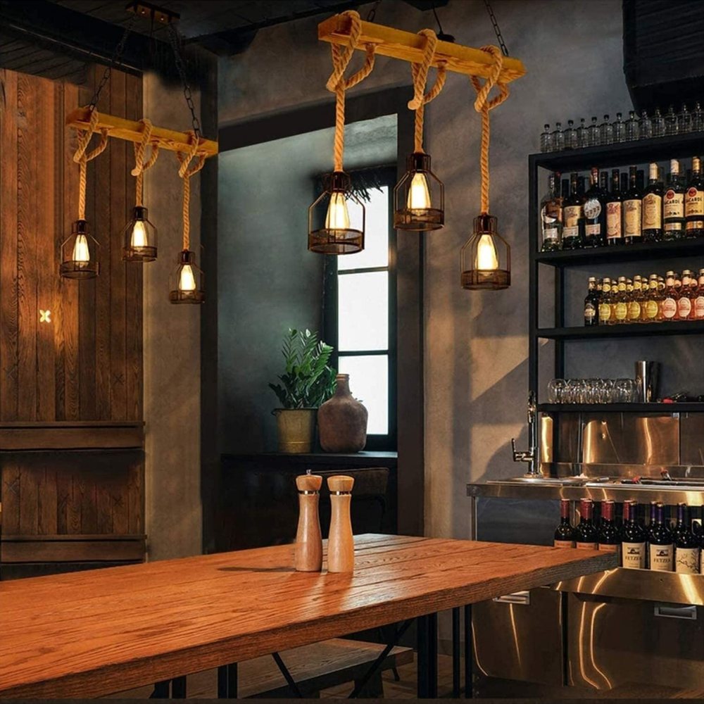Henneptouw hanglamp industrieel vintage armatuur meerlichts voor horeca, bar, woonkamer en eetkamer sfeer | Sulvida