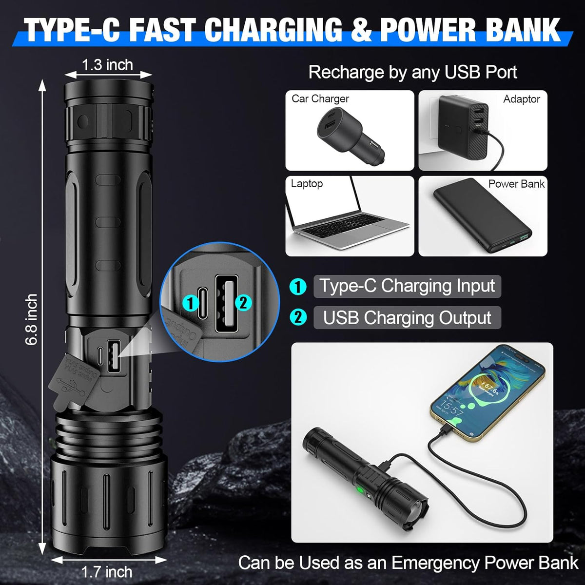 Tactische LED-zaklamp 100.000 lumen oplaadbaar USB-C 1000 meter bereik waterdicht voor kamperen tuin | Sulvida
