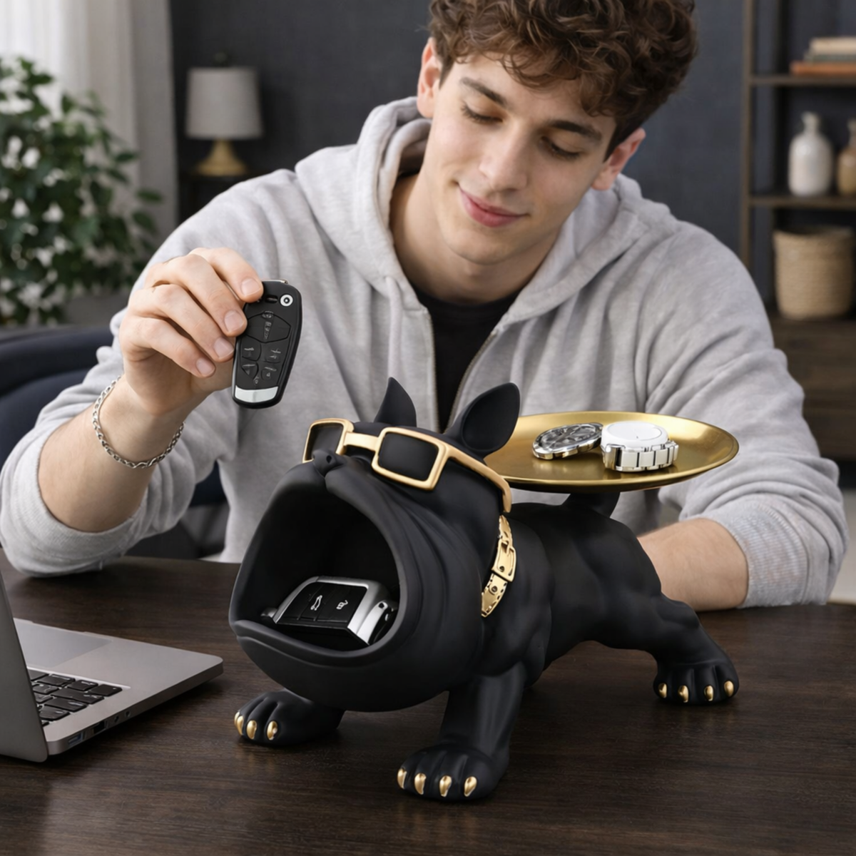 Bulldog Opbergbeeld Zwart Hars 30cm – Decoratieve Organizer Woonkamer Bureau Sculptuur Huisdier Cadeau | Sulvida