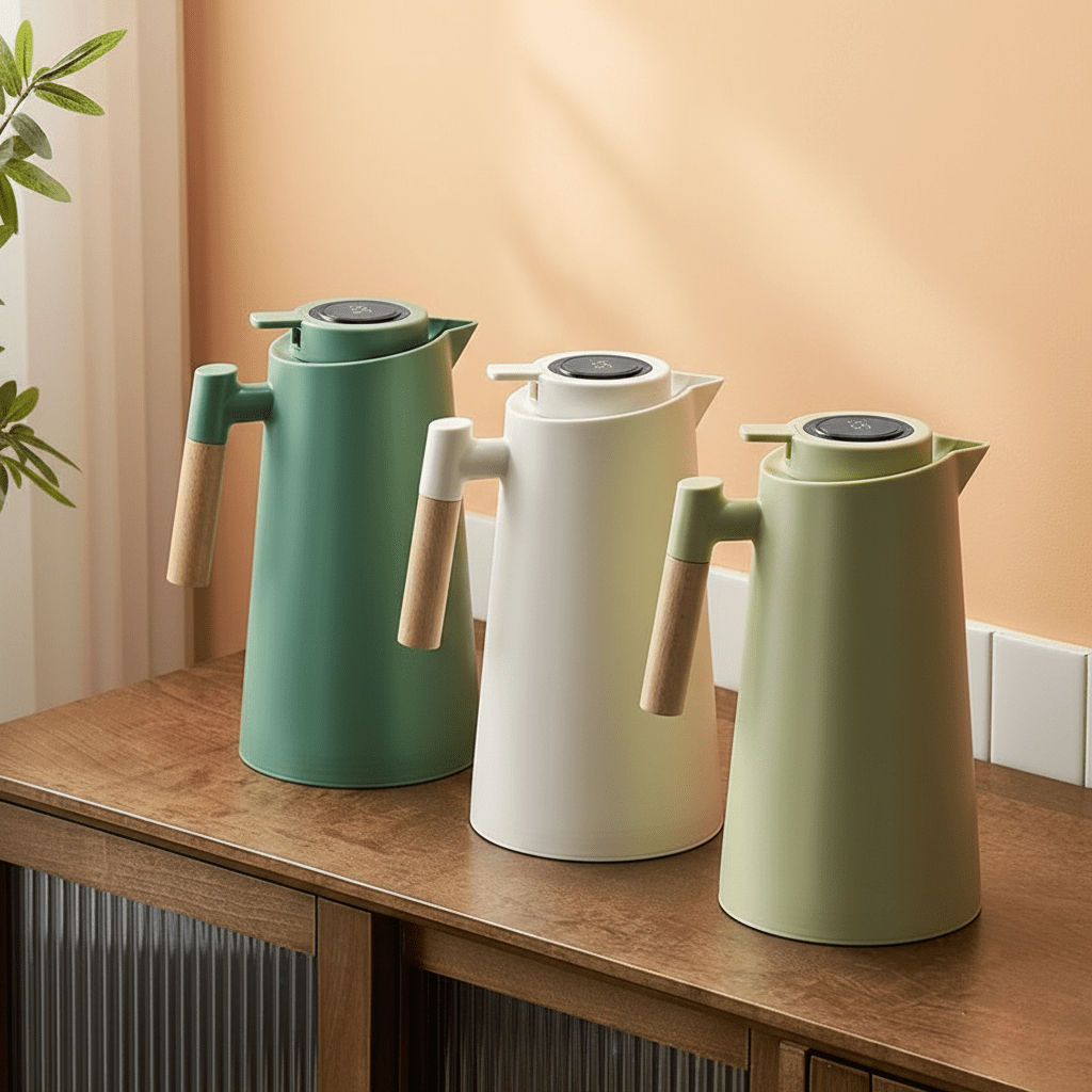 Thermosfles dubbele wand met temperatuurweergave en houten handvat 1 liter voor koffie thee water onderweg | Sulvida