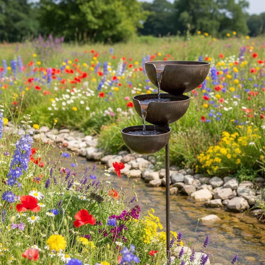 Metalen Vogelbad met Natuurlijke Regenwateropvang Rustiek Trapsgewijs Ontwerp Decoratief Tuinornament | Sulvida