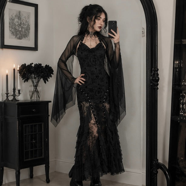 Doorschijnende Crop Top Mesh Heksenblouse met Vleermuismouwen Gothic Feesttop Zwart Party Fashion Dames | Sulvida