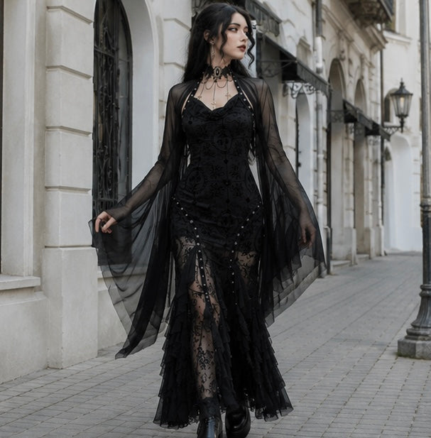 Doorschijnende Crop Top Mesh Heksenblouse met Vleermuismouwen Gothic Feesttop Zwart Party Fashion Dames | Sulvida