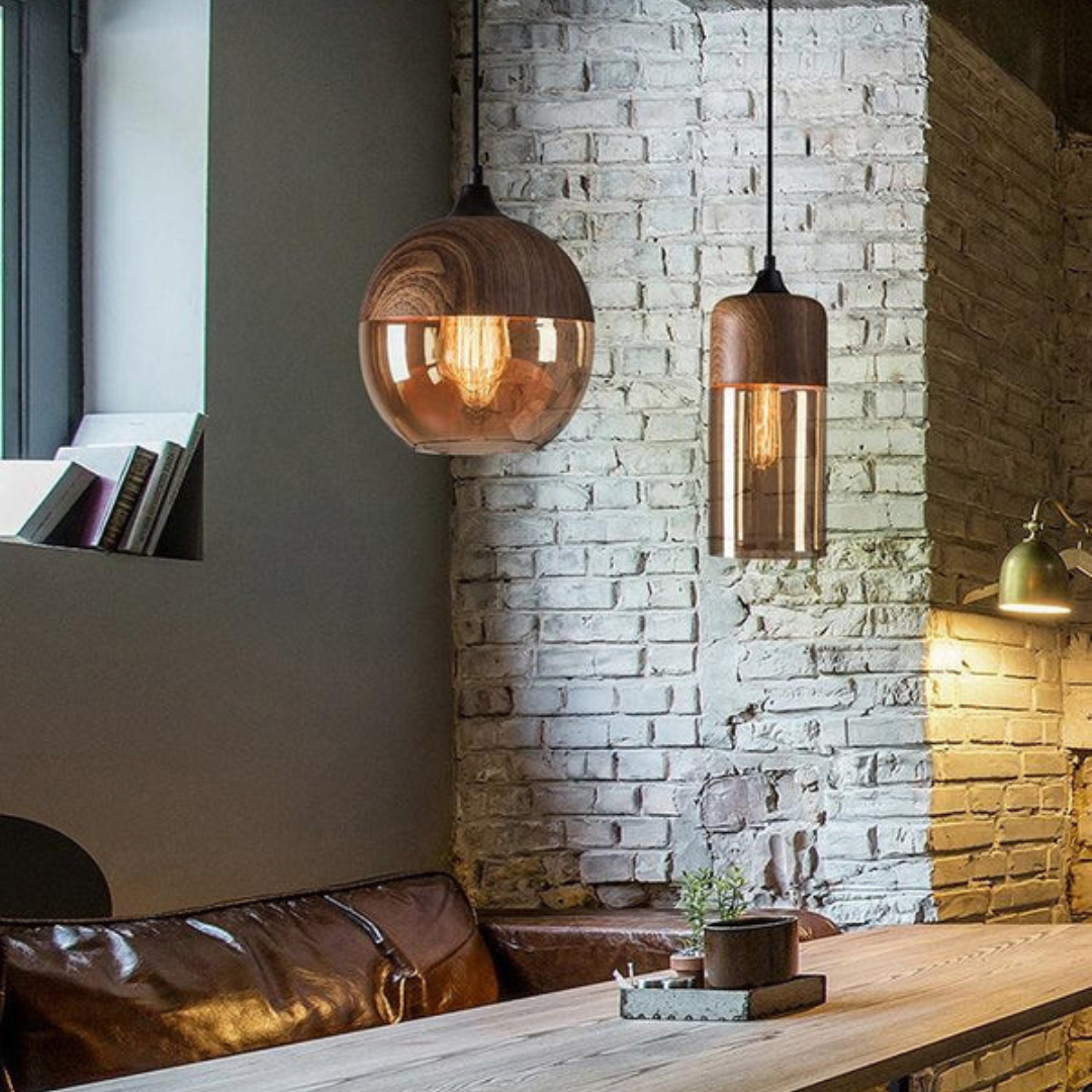 Scandinavische Hanglamp met Glazen Kap en Houtlook Armatuur – Dimbare Verlichting voor Eetkamer Woonkamer Slaapkamer – Verstelbare Hoogte en Warme Lichtverspreiding – Tijdloos Design | Sulvida