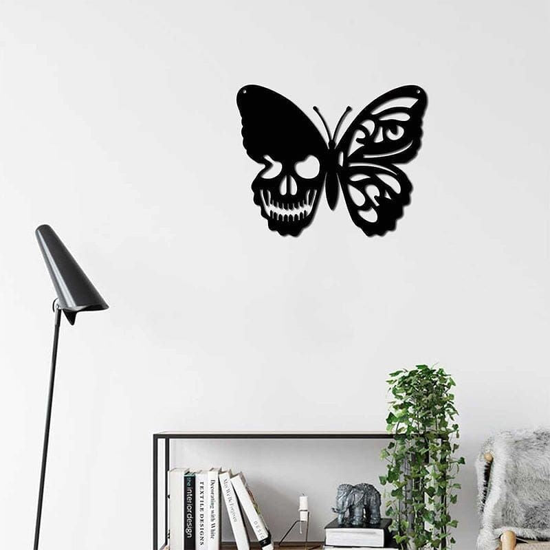 Metalen Vlinder Schedel Wanddecoratie Gothic Design Kunstwerk Interieur Woonkamer Kantoor Zwart Muurdecoratie | Sulvida