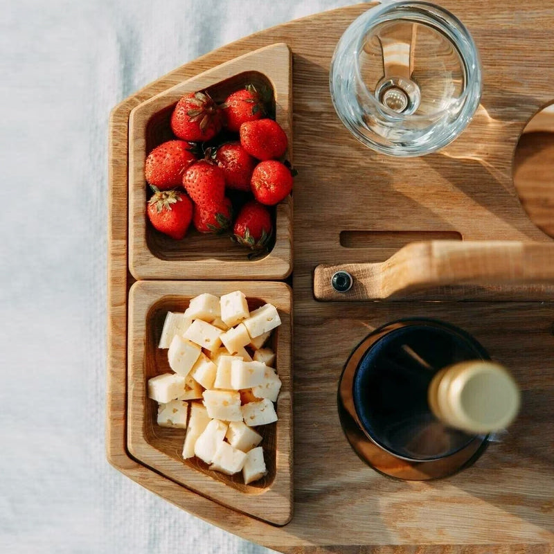 Opvouwbare Picknicktafel Eikenhout – Draagbare Wijnhouder met Vakken voor Strand Tuin Picknick Camping | Sulvida