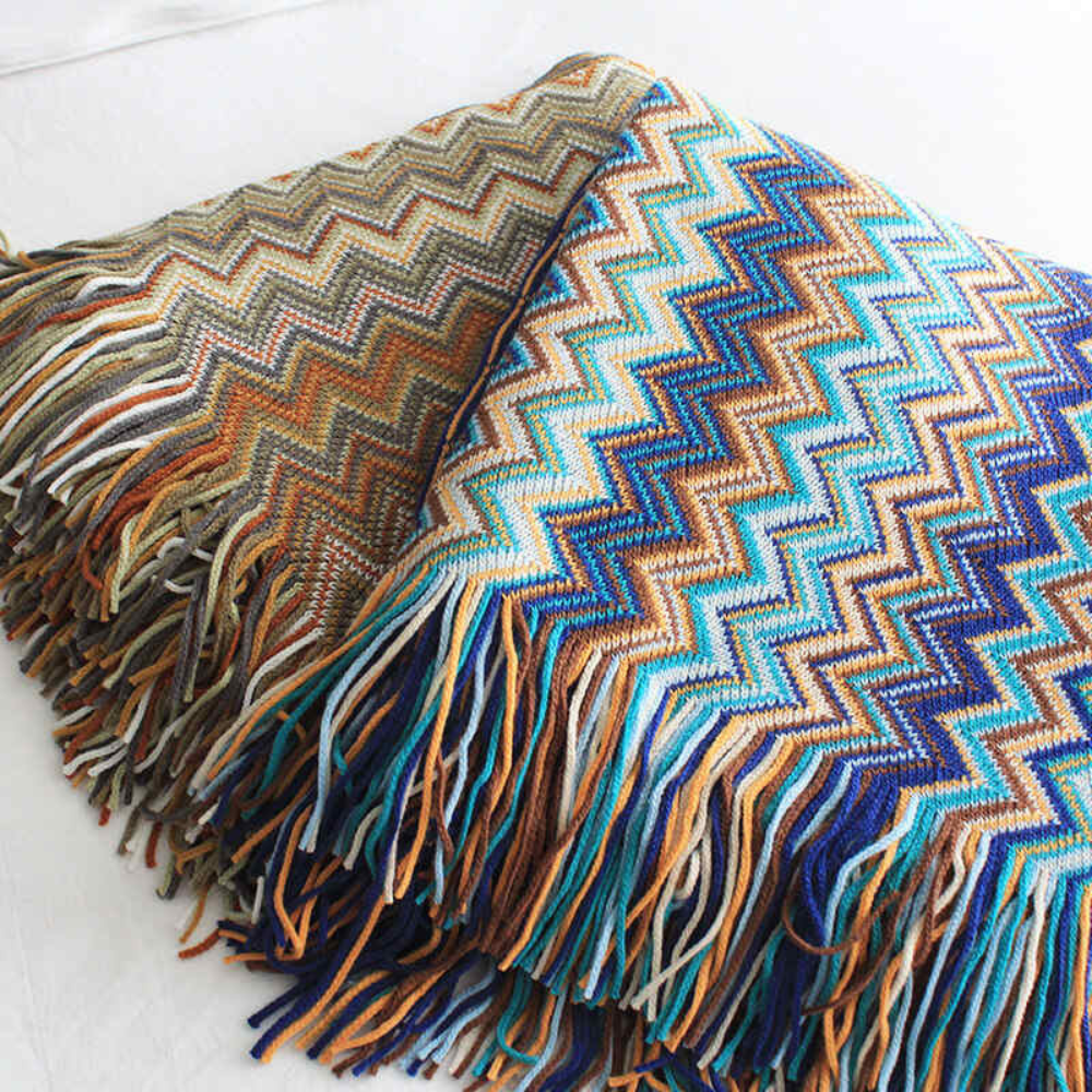 Gebreide plaid met zigzag patroon en franje meerkleurig zacht acryl voor bank bed en decoratie woonkamer | Sulvida