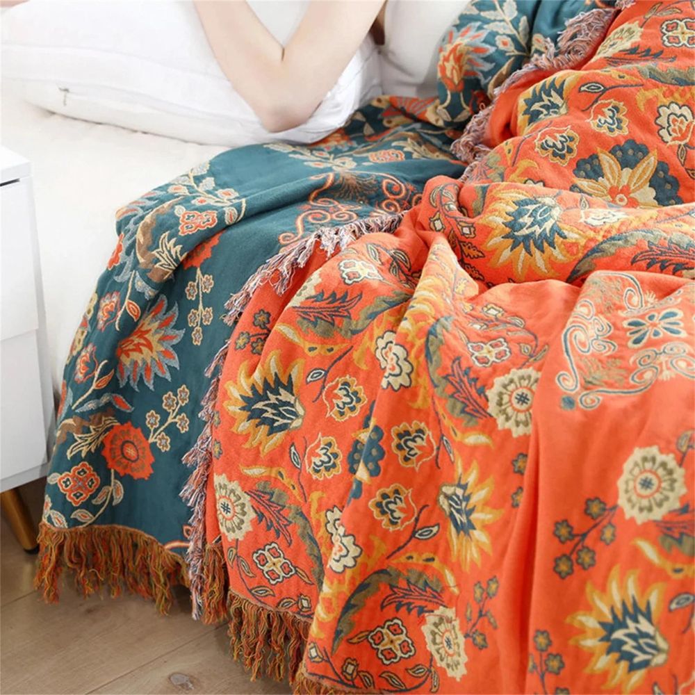 Katoenen Plaid met Vintage Bloempatroon Oranje Turquoise Dubbelzijdig Zacht Bankkleed Picknickdeken Woonkamer | Sulvida