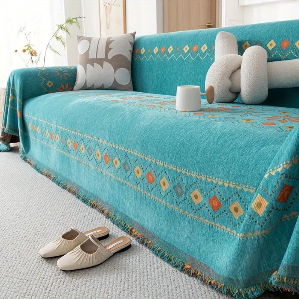 Chenille bankovertrek bohemian stijl anti-slip bescherming met decoratieve kwasten voor 1- 2- 3- 4-zits bank | Sulvida