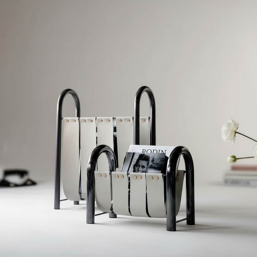 Tijdschriftenhouder Zwart Leer Metaal Staand Klein 35×19×27 cm Modern Luxe Kantoor Woonkamer Studeerkamer | Sulvida