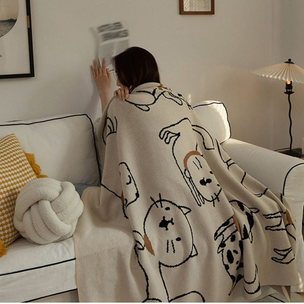 Katoenen Deken met Jacquard Kattenpatroon 130x170cm Zacht Ademend Pluisvrij Woonplaid Bankdeken Decoratief | Sulvida