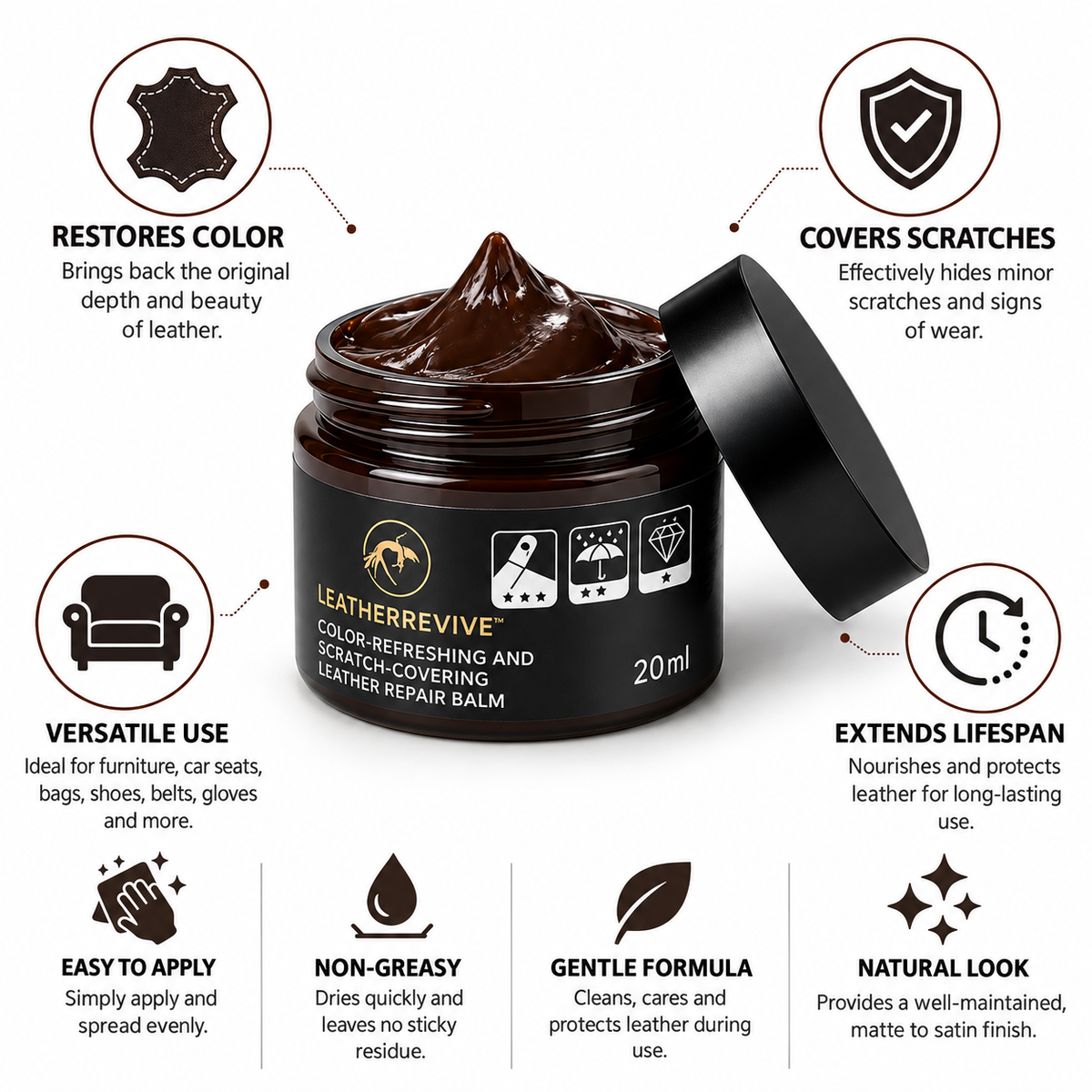 Baume réparateur pour cuir 20ml, raviveur de couleur et correcteur de rayures pour meubles, voitures, chaussures, sacs et accessoires en cuir | Sulvida