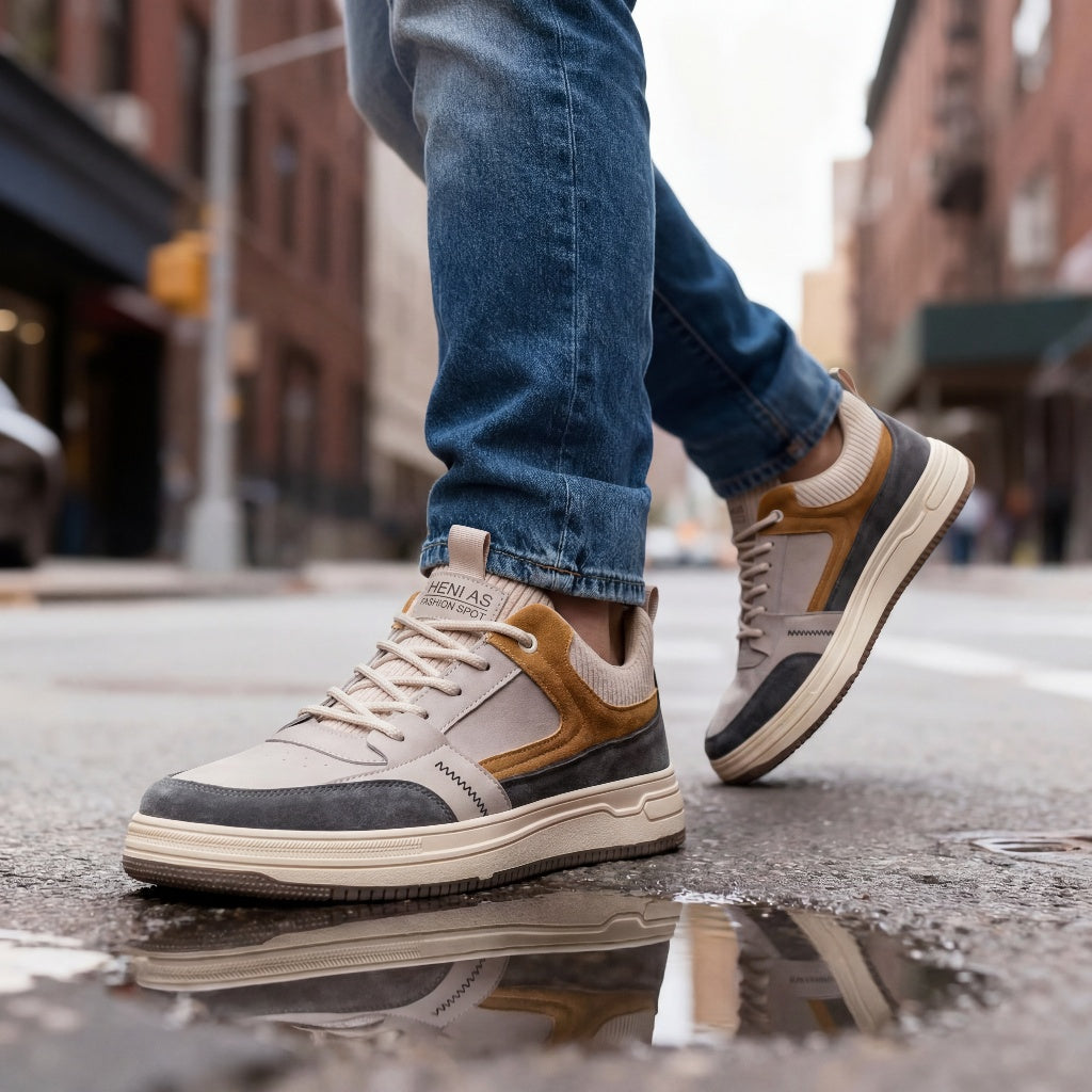Herensneakers van suède leer met gebreide details taupe zwart bruin casual sportschoen comfortabel stijlvol | Sulvida