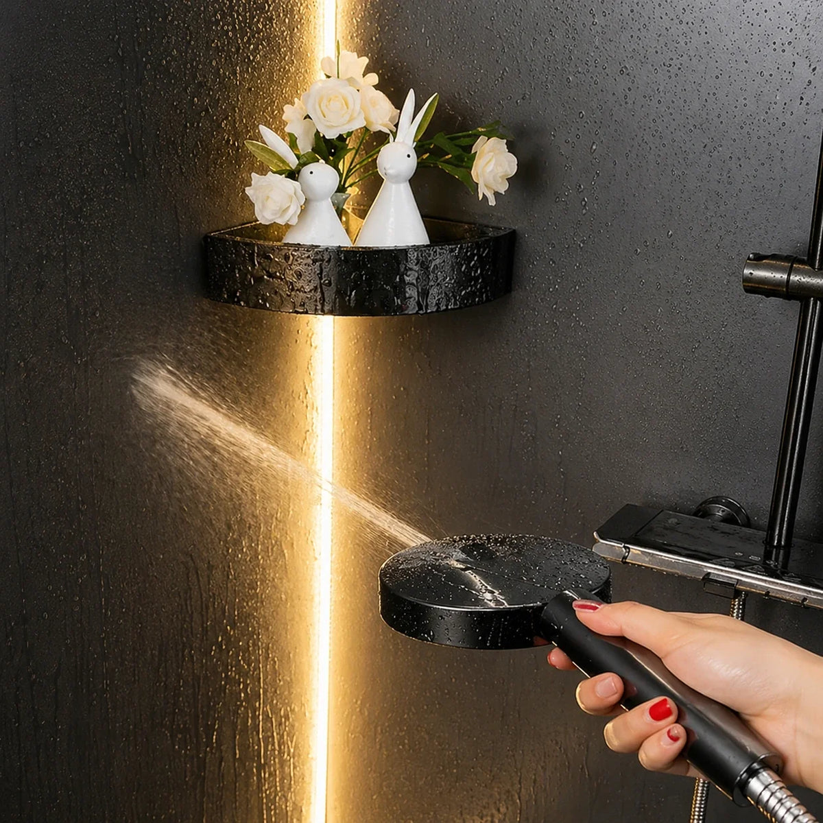 Handdouche met Zeven Standen Zwart Zilver Drukverhogend Verstelbaar Waterbesparend Douchekop Badkamer | Sulvida