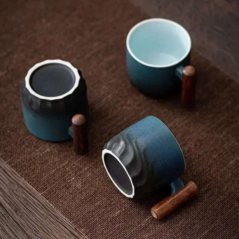 Keramische Espressokop 80ml met Houten Handvat Groen Blauw Zwart Theemok Filter Handgemaakt Koffiebeker | Sulvida