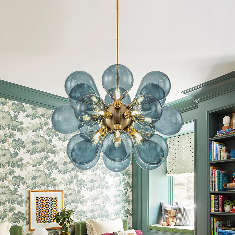 Glazen Kroonluchter 18 Lichtpunten Blauw Goud Eetkamer Woonkamer Decoratief Hanglamp Design Statement | Sulvida