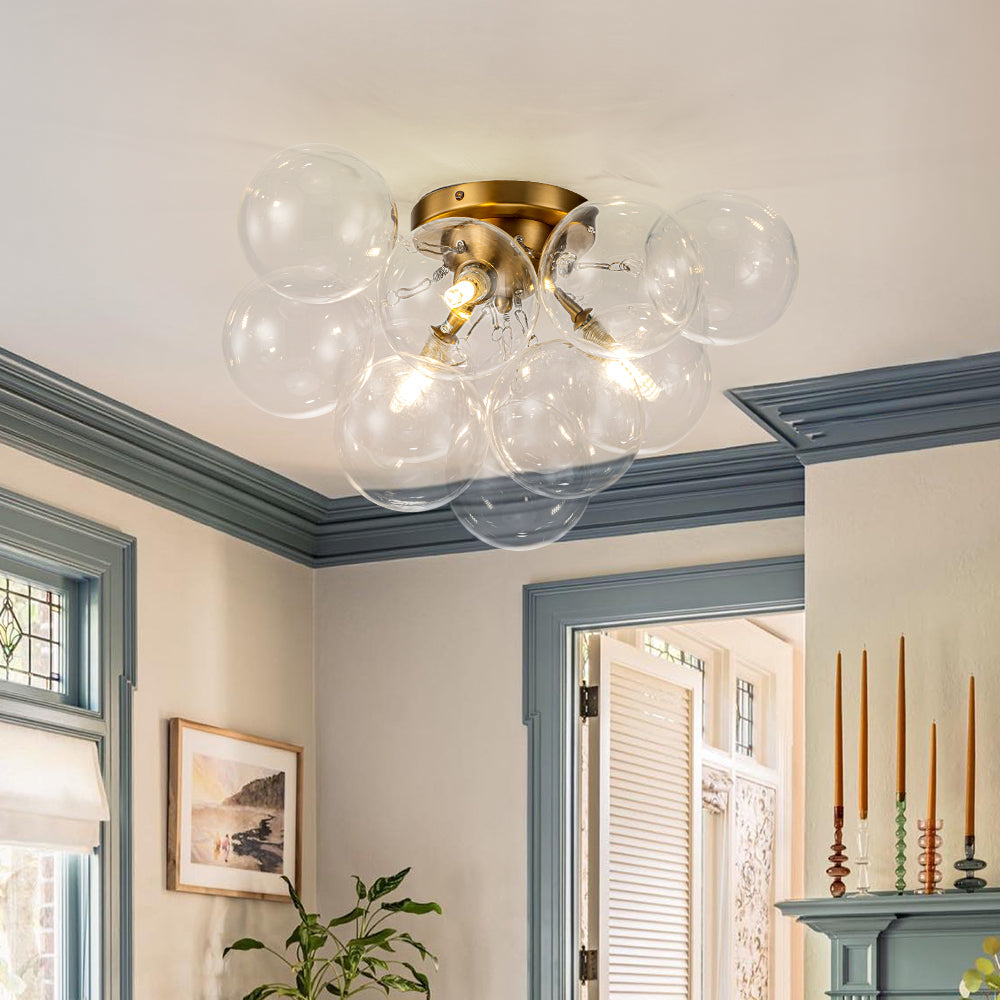 Semi-plafondlamp 3 lichtpunten messing helder glas bol bubble stijl moderne verlichting hal woonkamer | Sulvida