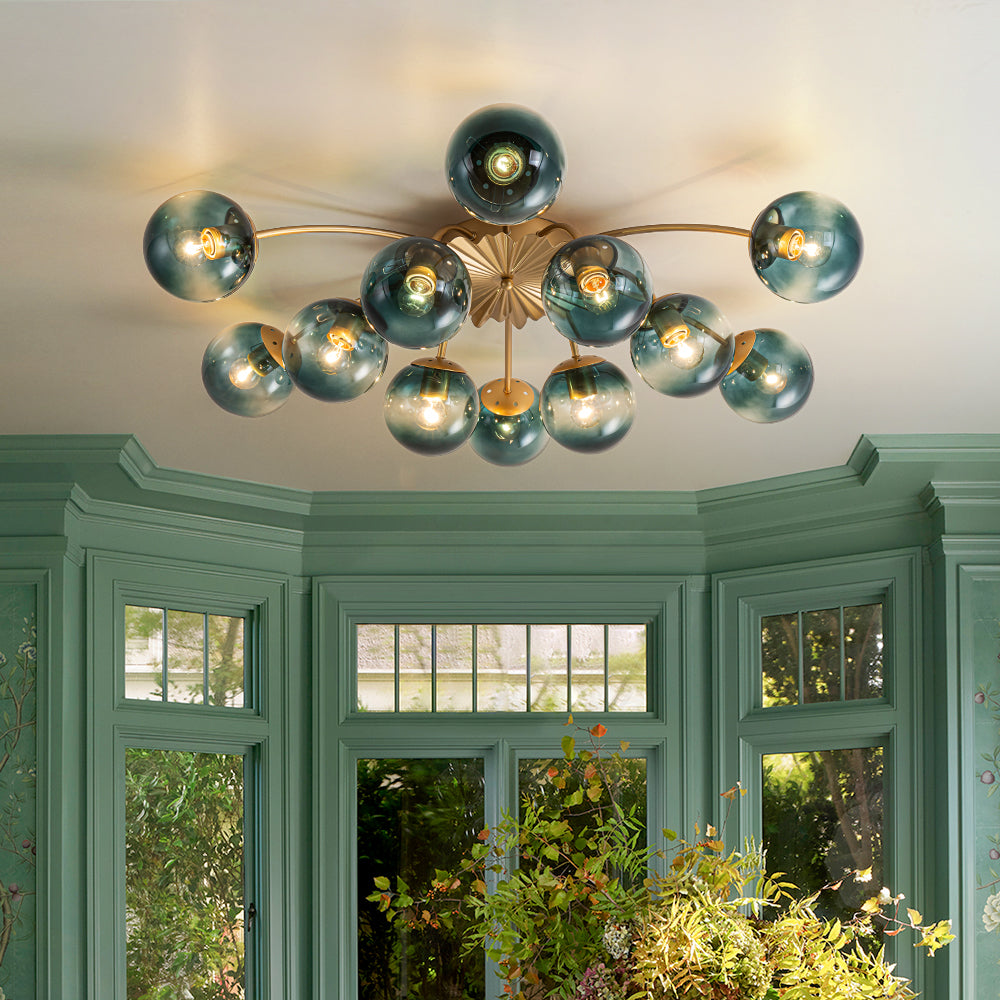 Plafondlamp 12 Lichtpunten Blauwe Glazen Bollen Verguld Sputnik Design Kroonluchter Luxe Woonkamer Interieur | Sulvida