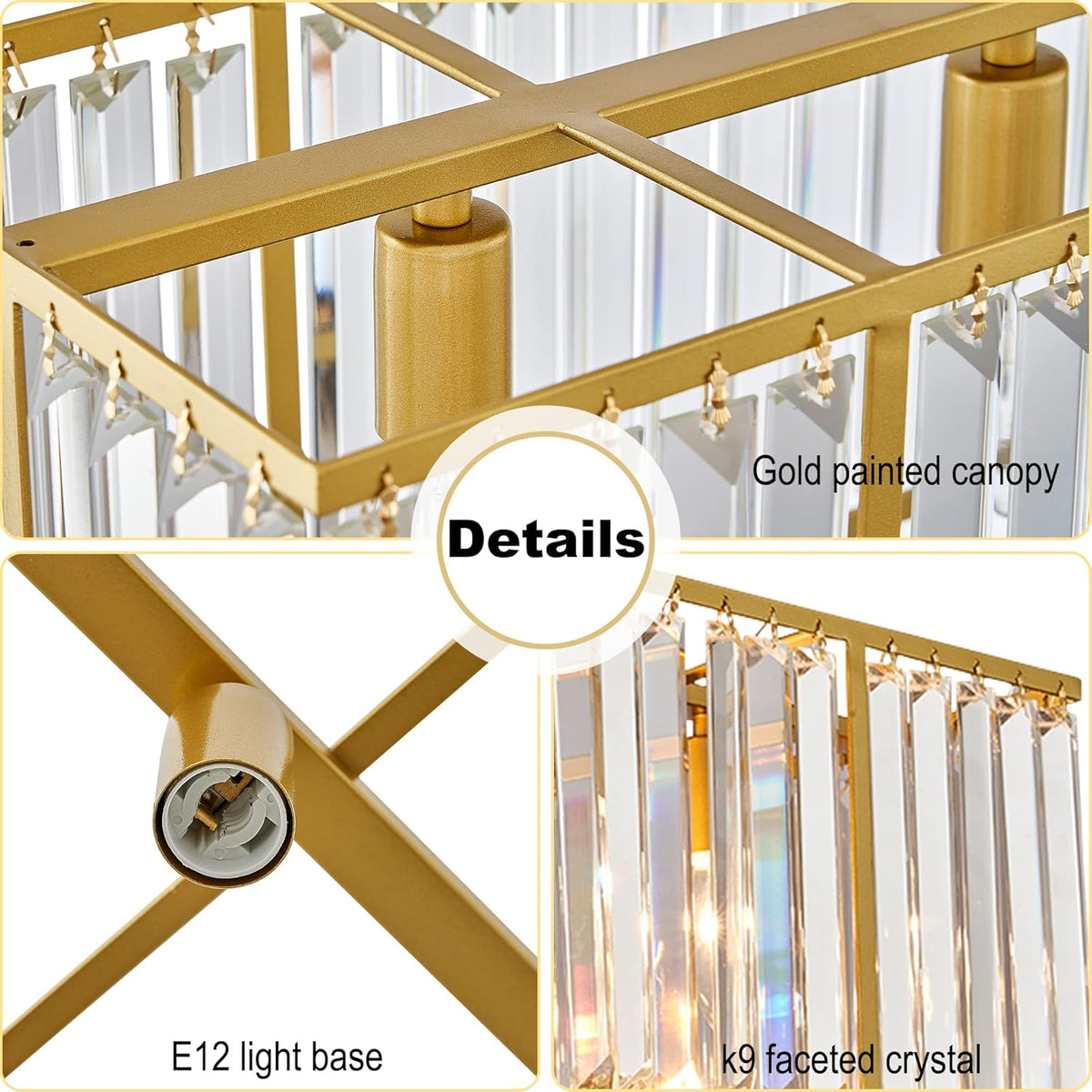 Kristallen Kroonluchter Rechthoekig met E14 Fitting Zwart Goud Eetkamer Keukeneiland Hanglamp Modern | Sulvida