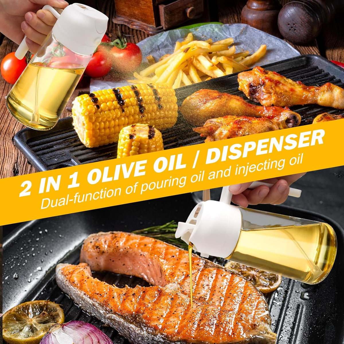Olie Dispenser en Sprayfles Set 2 Stuks Glas 470ml Keuken Oliefles Azijn Dressing Koken Bakken Tafel | Sulvida